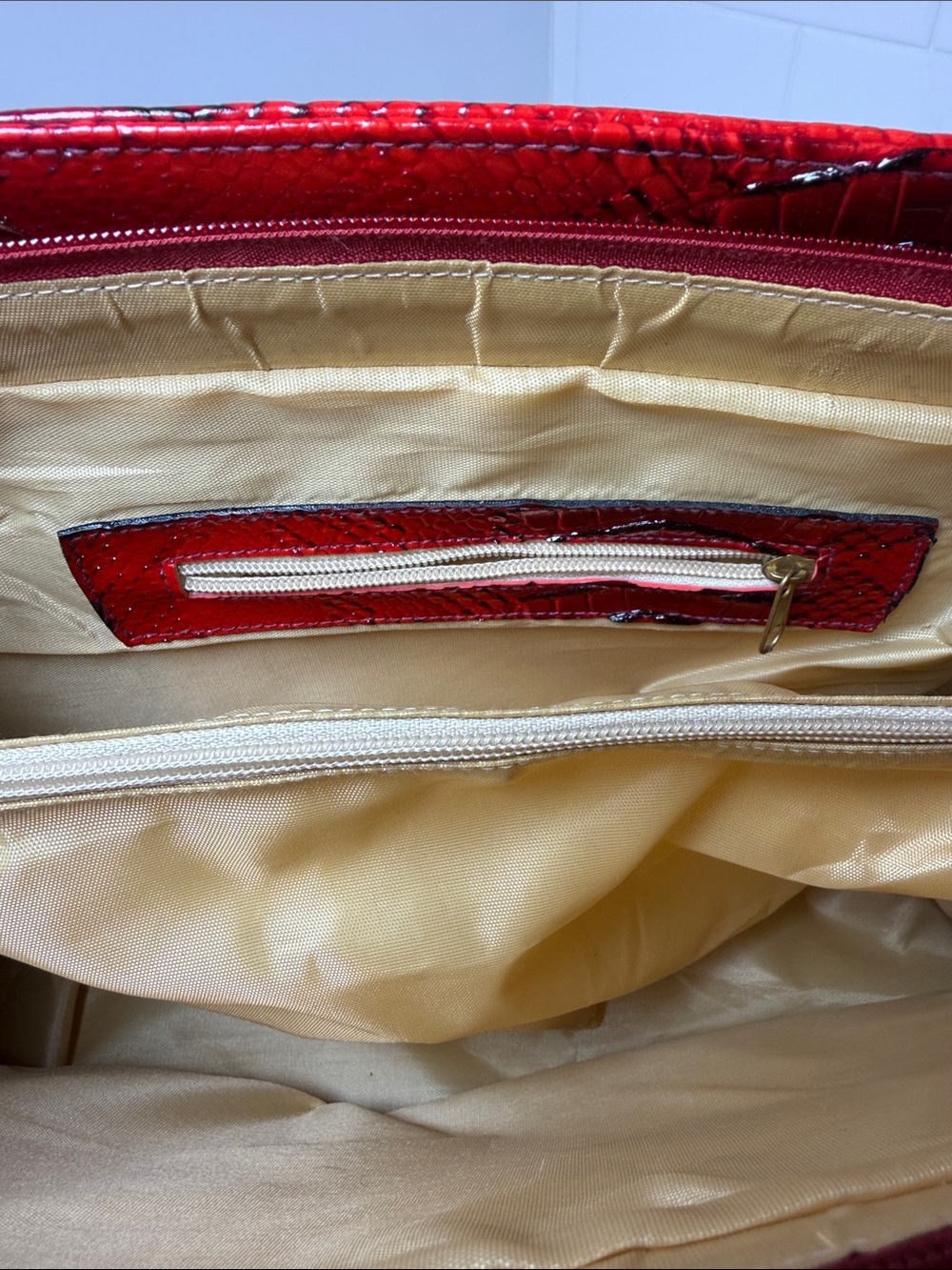 Red Snake-Embossed Shoulder Tote with Gold Hardware - Picture 9 of 14